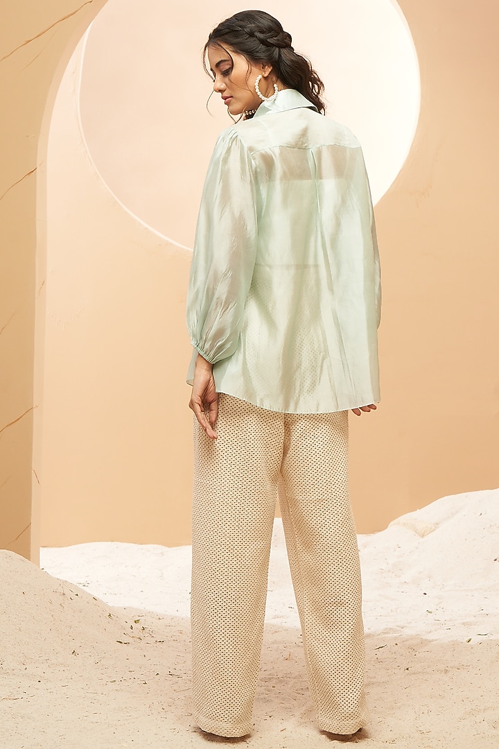 Sky Blue Silk Organza Embellished Shirt by Aditi Somani at Pernia's Pop Up Shop