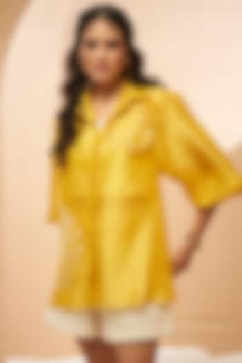 Yellow Silk Organza Embellished Shirt by Aditi Somani at Pernia's Pop Up Shop