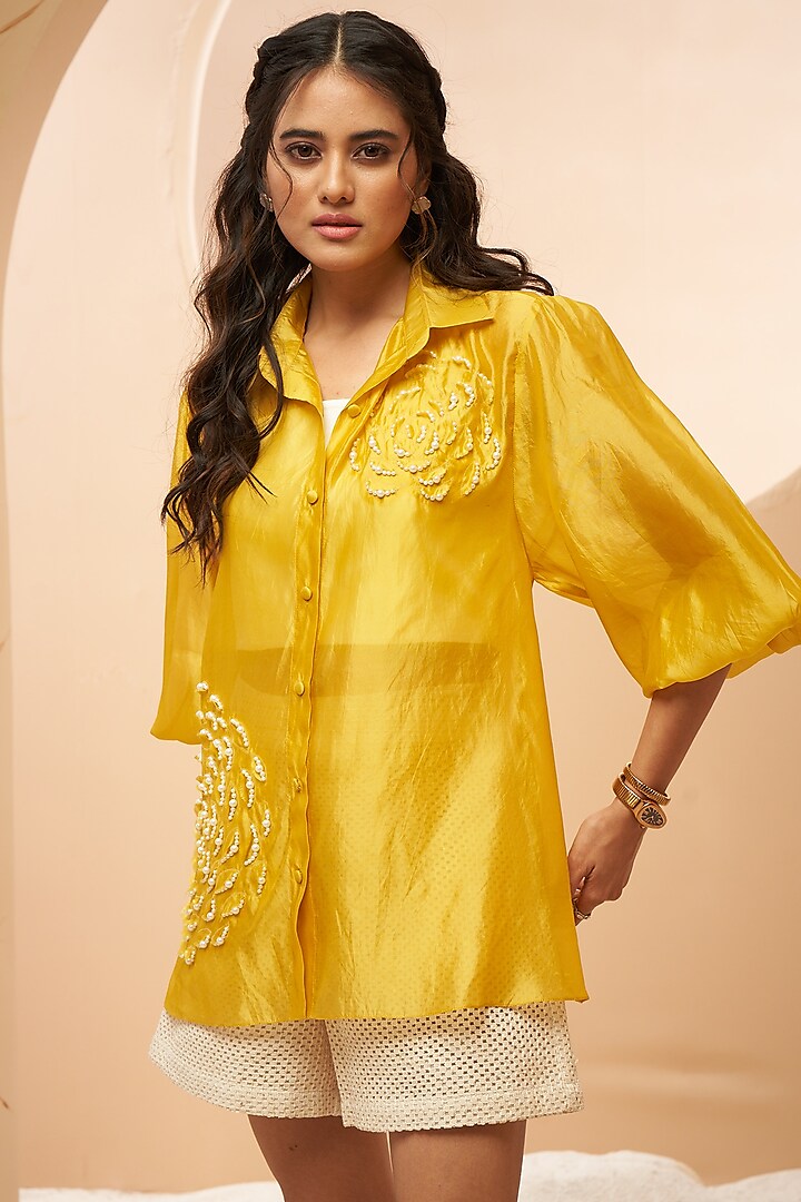 Yellow Silk Organza Embellished Shirt by Aditi Somani at Pernia's Pop Up Shop