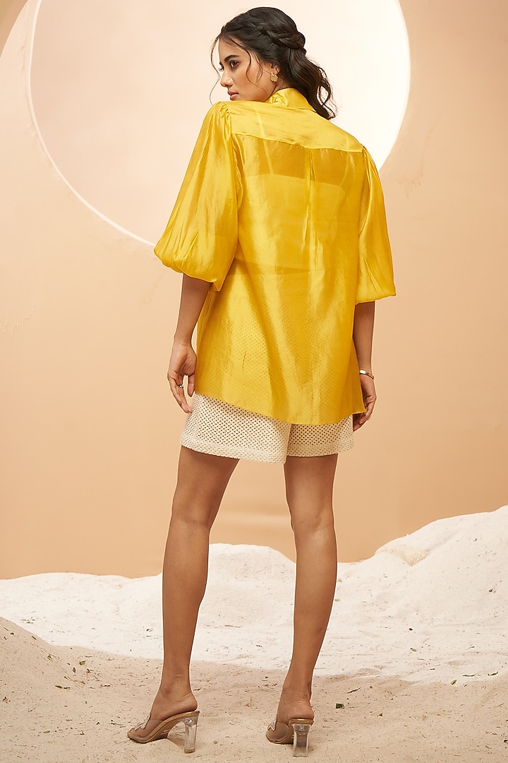Yellow Silk Organza Embellished Shirt by Aditi Somani at Pernia's Pop Up Shop