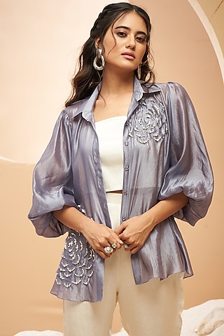 Charcoal Grey Silk Organza Embellished Shirt by Aditi Somani