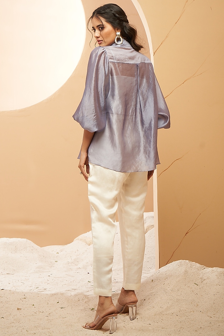 Charcoal Grey Silk Organza Embellished Shirt by Aditi Somani at Pernia's Pop Up Shop