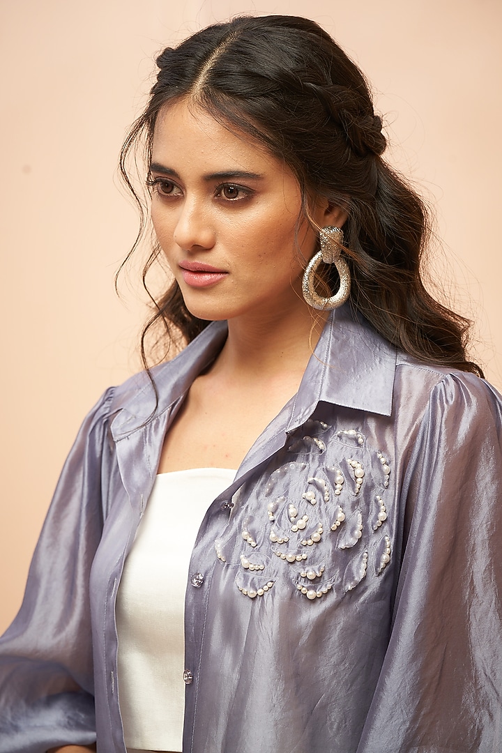 Charcoal Grey Silk Organza Embellished Shirt by Aditi Somani at Pernia's Pop Up Shop