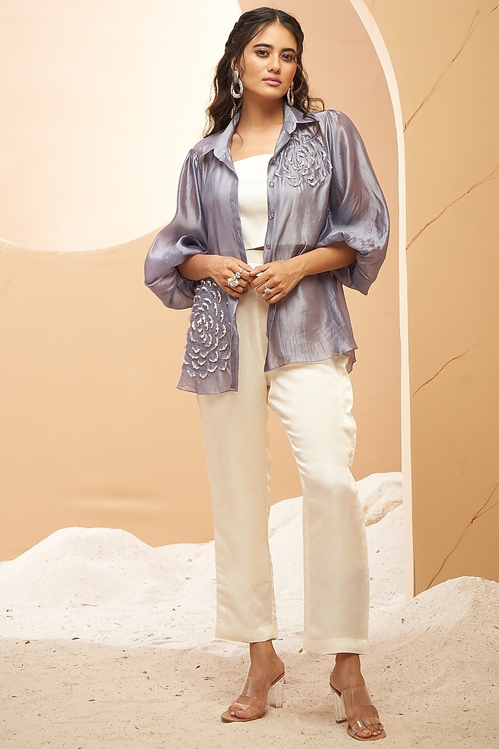 Charcoal Grey Silk Organza Embellished Shirt by Aditi Somani at Pernia's Pop Up Shop