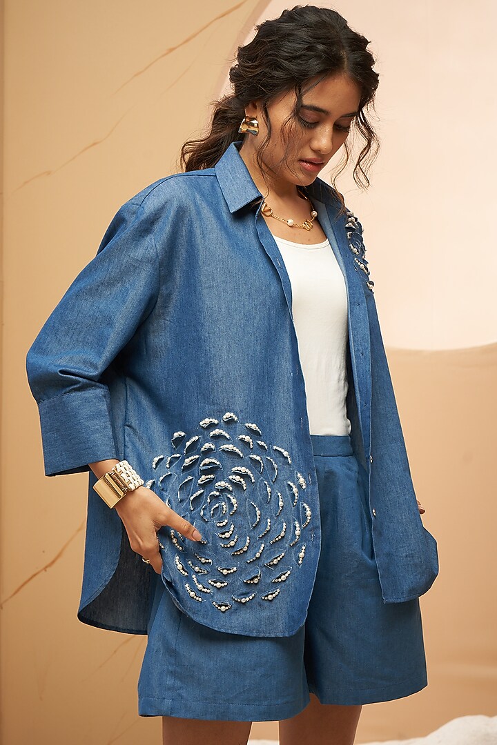 Blue Denim Embellished Co-Ord Set by Aditi Somani at Pernia's Pop Up Shop