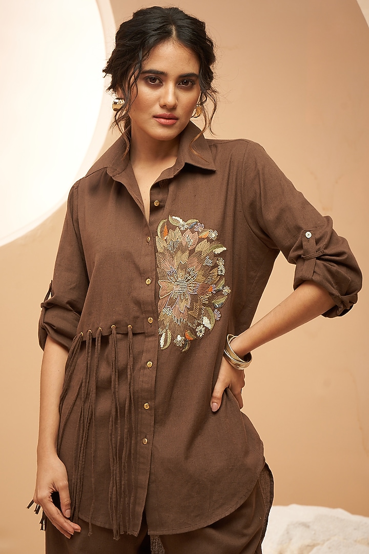 Brown Organic Cotton Floral Embellished Co-Ord Set by Aditi Somani at Pernia's Pop Up Shop