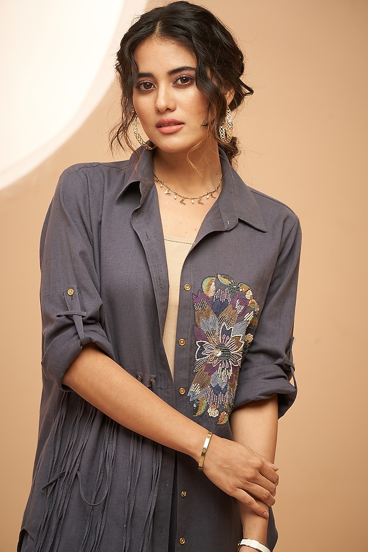 Charcoal Grey Organic Cotton Floral Embellished Co-Ord Set by Aditi Somani at Pernia's Pop Up Shop