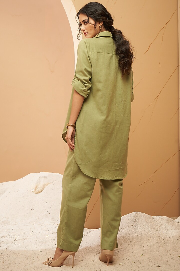Dull Green Organic Cotton Floral Embellished Co-Ord Set by Aditi Somani at Pernia's Pop Up Shop