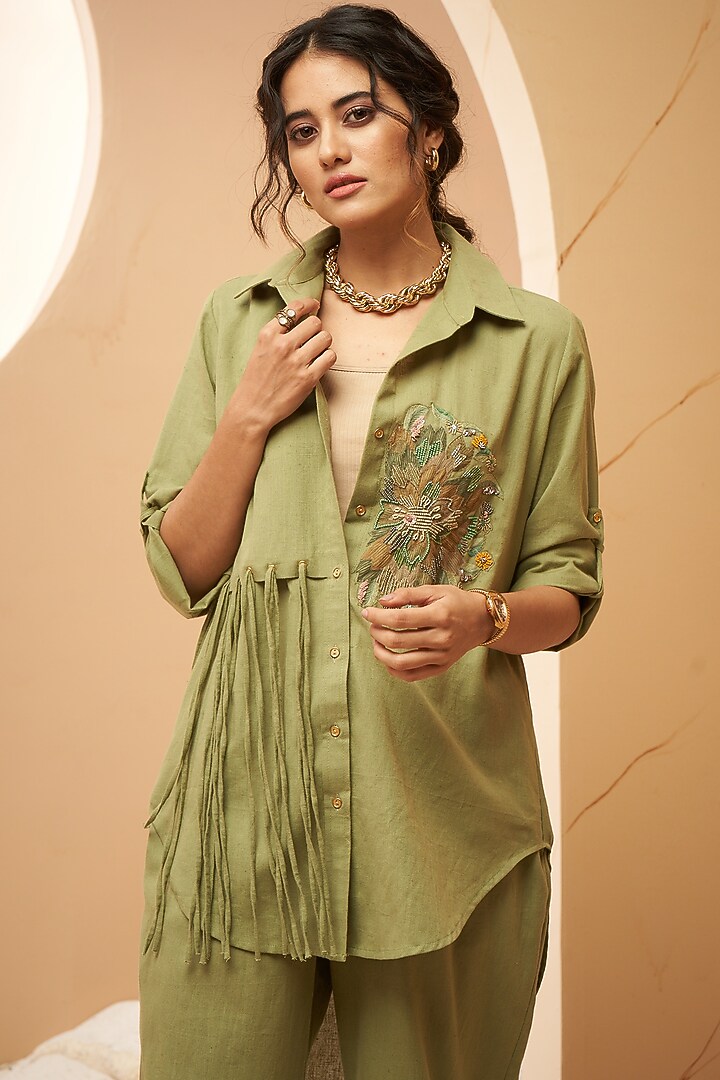 Dull Green Organic Cotton Floral Embellished Co-Ord Set by Aditi Somani at Pernia's Pop Up Shop