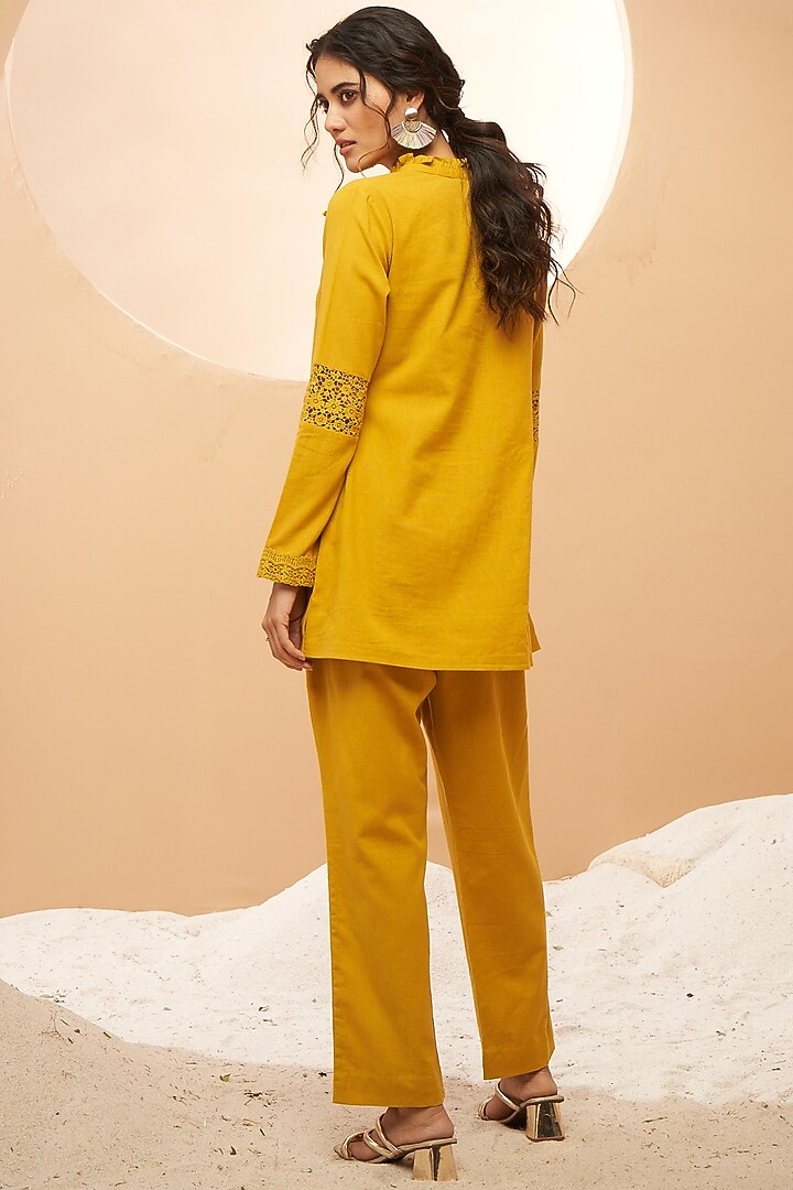 Mustard Organic Cotton Floral Embellished Co-Ord Set by Aditi Somani at Pernia's Pop Up Shop