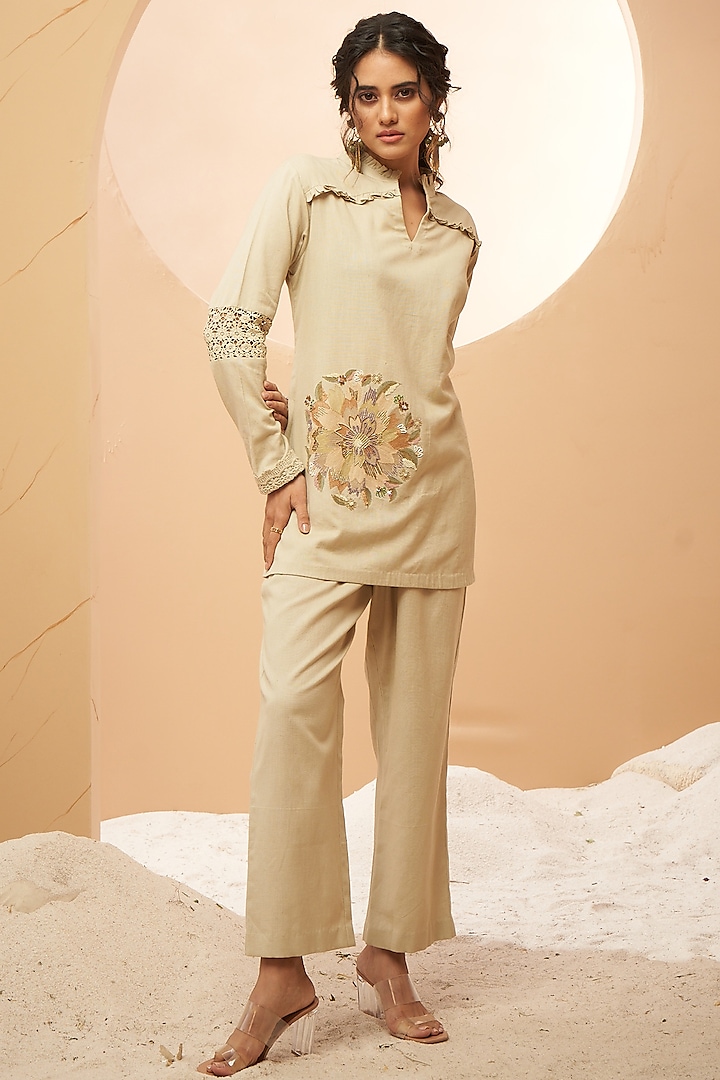 Beige Organic Cotton Floral Embellished Co-Ord Set by Aditi Somani at Pernia's Pop Up Shop