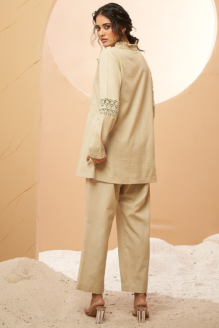 Beige Organic Cotton Floral Embellished Co-Ord Set by Aditi Somani at Pernia's Pop Up Shop