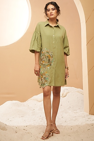 Green Organic Cotton Floral Embellished Tunic by Aditi Somani