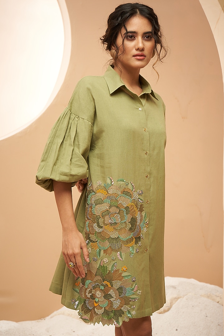 Green Organic Cotton Floral Embellished Tunic by Aditi Somani at Pernia's Pop Up Shop