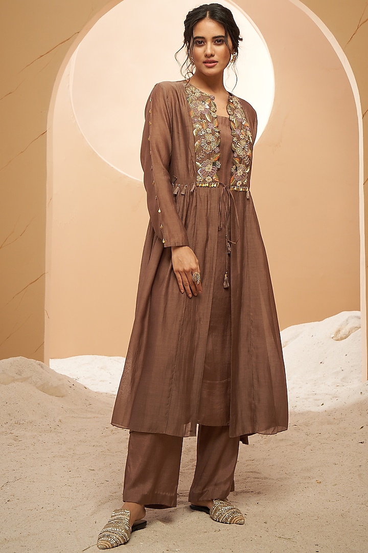 Brown Silk Chanderi Floral Embellished Jacket Set by Aditi Somani at Pernia's Pop Up Shop