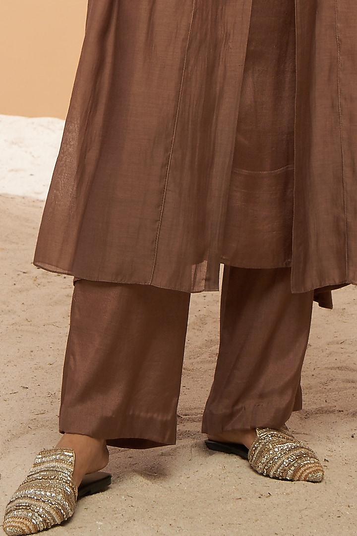Brown Silk Chanderi Floral Embellished Jacket Set by Aditi Somani at Pernia's Pop Up Shop