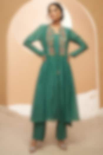 Sea Green Silk Chanderi Floral Embellished Jacket Set by Aditi Somani at Pernia's Pop Up Shop