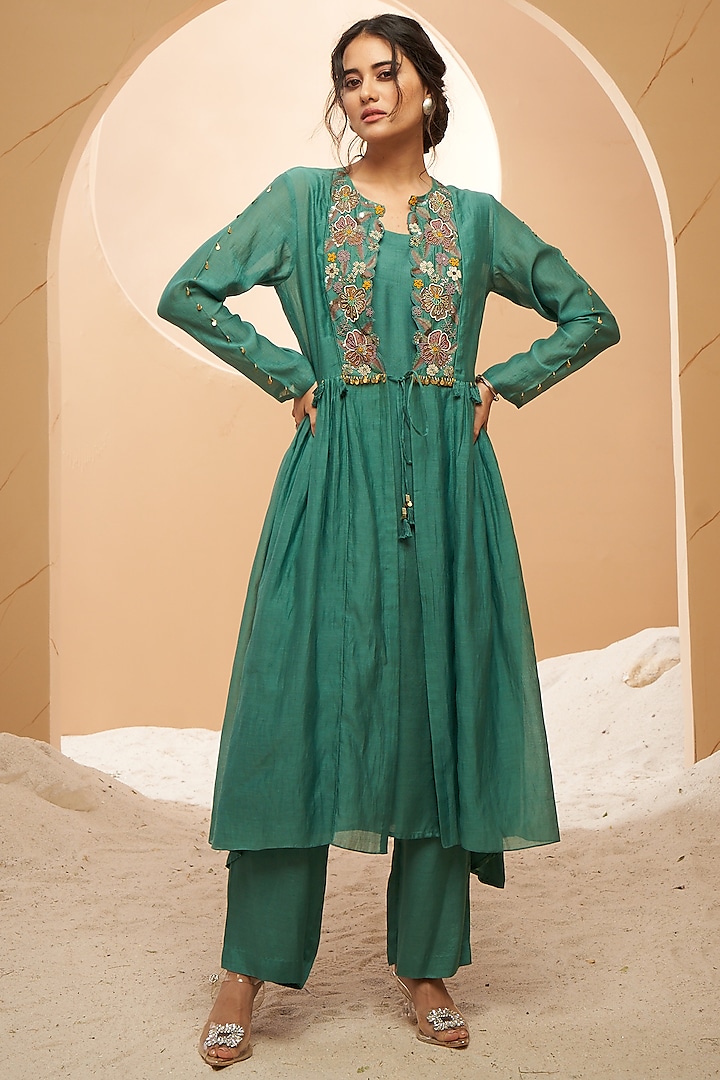 Sea Green Silk Chanderi Floral Embellished Jacket Set by Aditi Somani at Pernia's Pop Up Shop