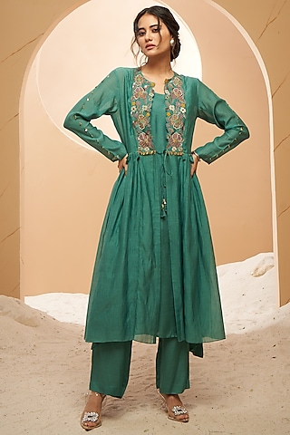 Sea Green Silk Chanderi Floral Embellished Jacket Set by Aditi Somani