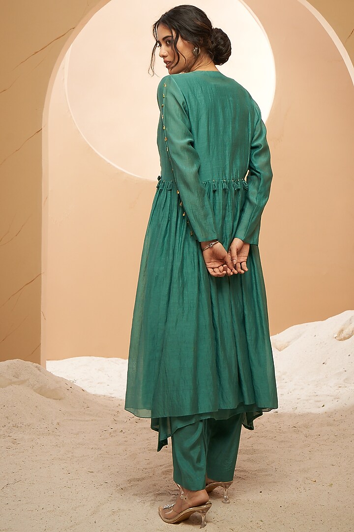 Sea Green Silk Chanderi Floral Embellished Jacket Set by Aditi Somani at Pernia's Pop Up Shop