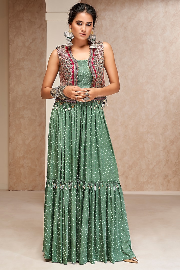 Green Modal Satin Printed Jumpsuit With Jacket by Aditi Somani
