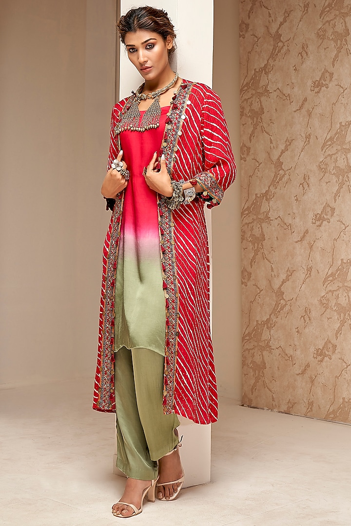 Red Crepe Printed & Embroidered Cape Set by Aditi Somani