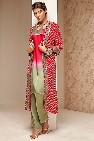 Red Crepe Printed & Embroidered Cape Set by Aditi Somani