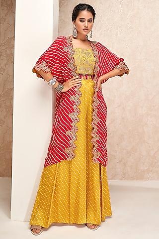 Red Modal Satin & Georgette Printed Cape Set by Aditi Somani