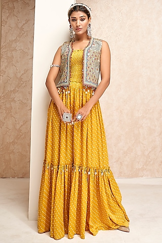 Yellow Modal Satin Printed Jumpsuit With Jacket by Aditi Somani