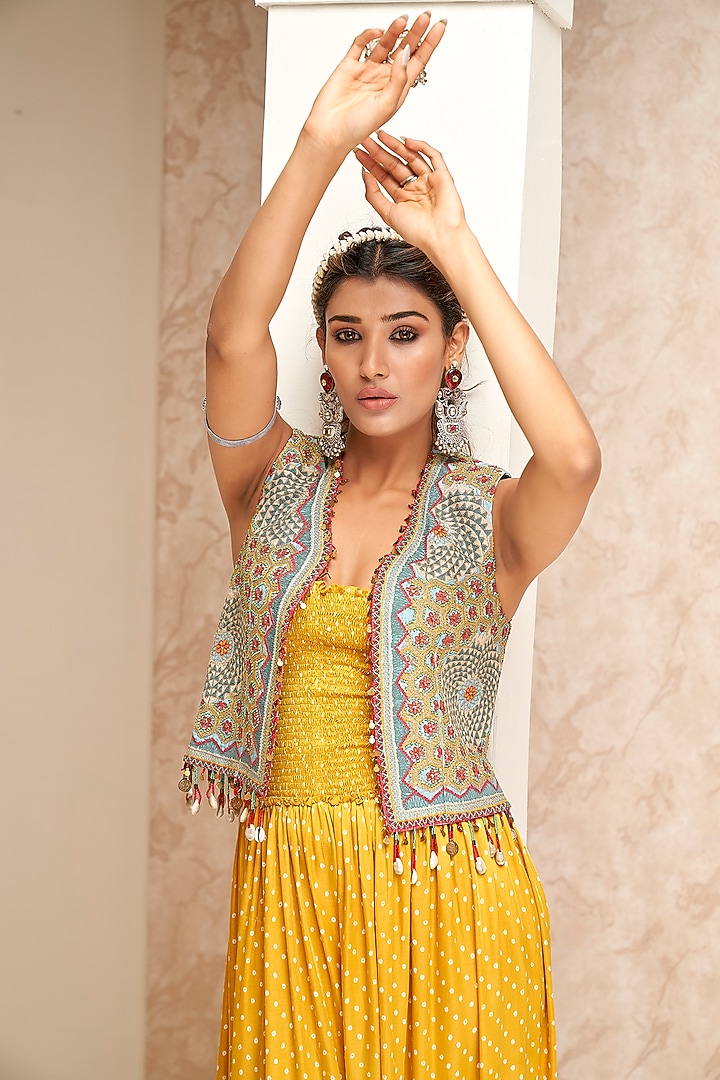 Yellow Modal Satin Printed Jumpsuit With Jacket by Aditi Somani at Pernia's Pop Up Shop