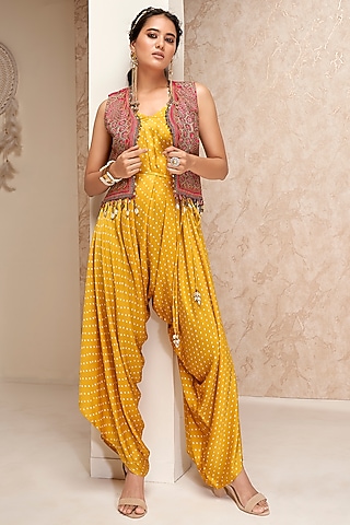 Yellow Modal Satin Printed Dhoti Jumpsuit With Jacket by Aditi Somani
