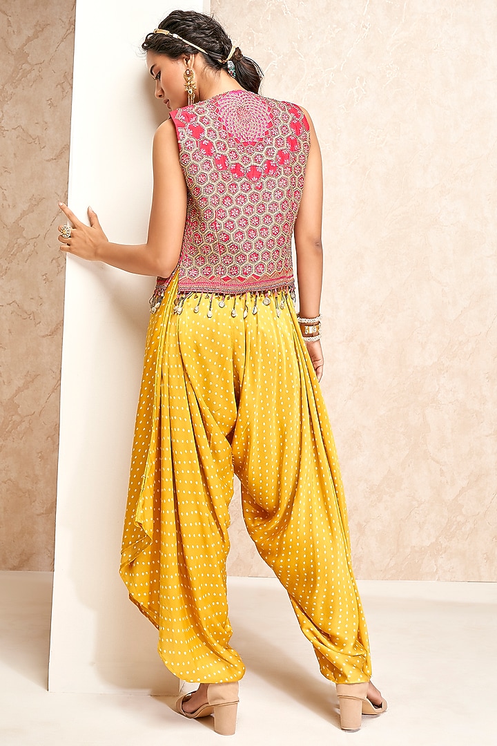 Yellow Modal Satin Printed Dhoti Jumpsuit With Jacket by Aditi Somani at Pernia's Pop Up Shop