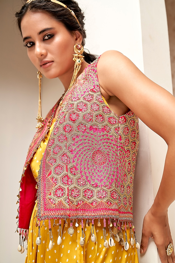Yellow Modal Satin Printed Dhoti Jumpsuit With Jacket by Aditi Somani at Pernia's Pop Up Shop