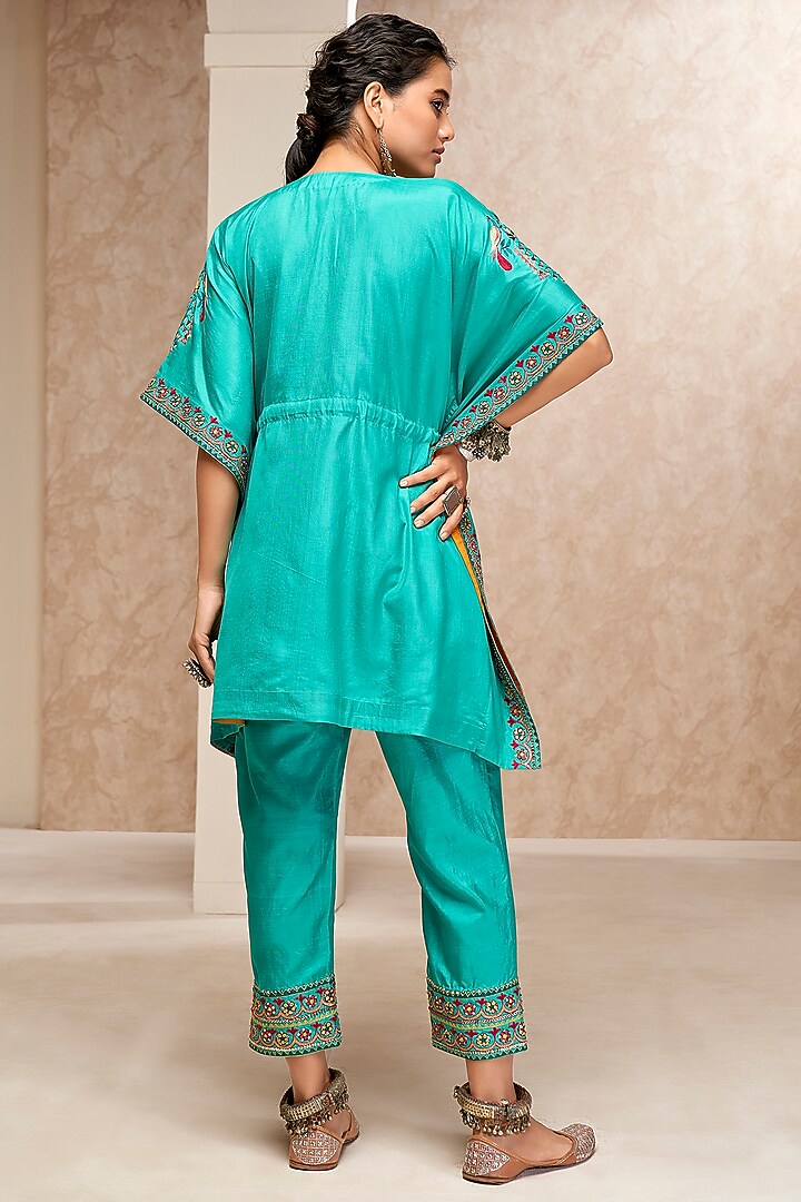 Arctic Blue Cotton Silk Embroidered Kaftan Set by Aditi Somani at Pernia's Pop Up Shop