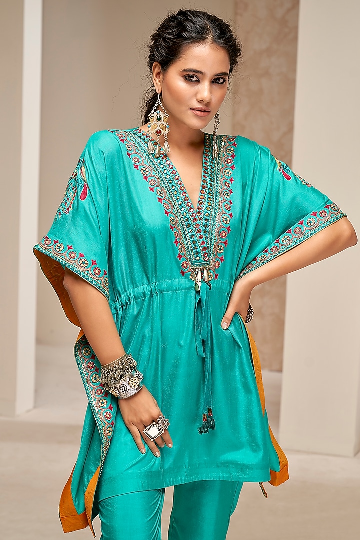 Arctic Blue Cotton Silk Embroidered Kaftan Set by Aditi Somani at Pernia's Pop Up Shop