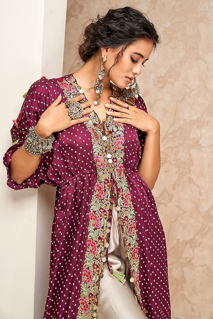 Wine Modal Satin & Crepe Printed Cape Set by Aditi Somani at Pernia's Pop Up Shop