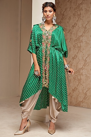 Green Modal Satin & Crepe Printed Cape Set by Aditi Somani
