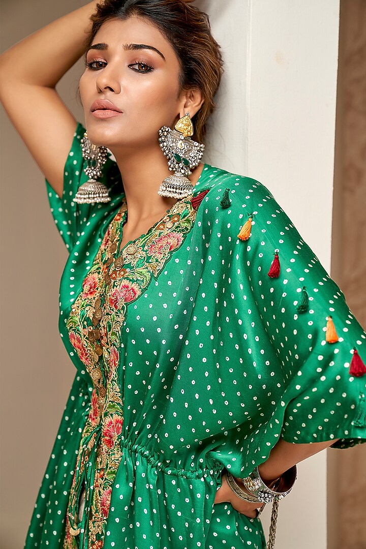 Green Modal Satin & Crepe Printed Cape Set by Aditi Somani at Pernia's Pop Up Shop