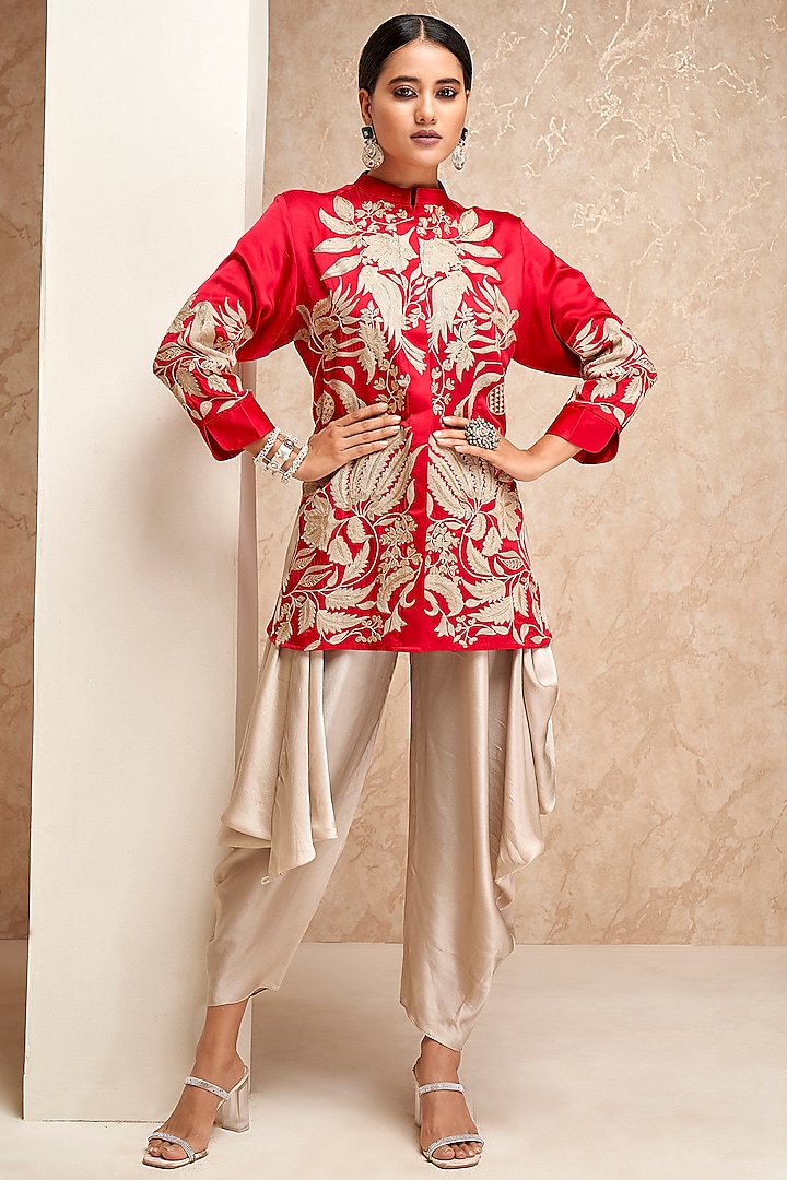 Red Cotton Silk Embroidered Tunic Set by Aditi Somani