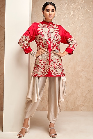 Red Cotton Silk Embroidered Tunic Set by Aditi Somani