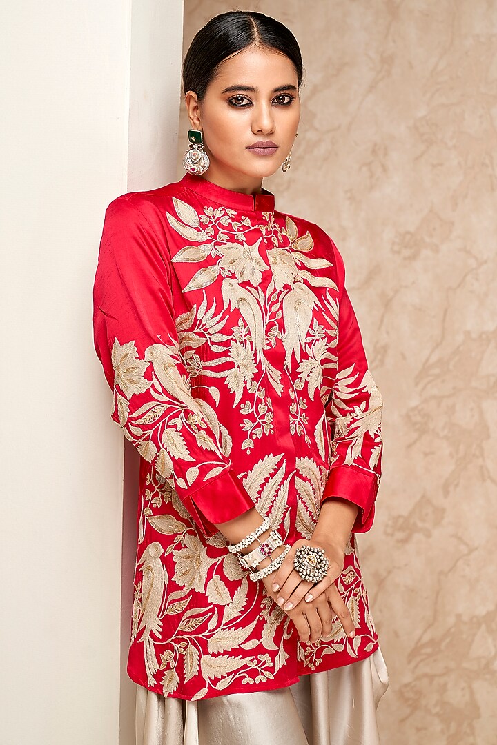 Red Cotton Silk Embroidered Tunic Set by Aditi Somani at Pernia's Pop Up Shop