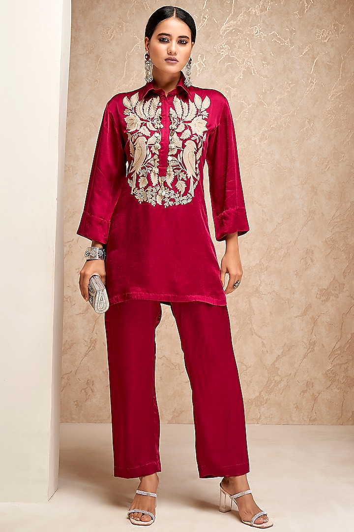 Purple Cotton Silk Embroidered Co-Ord Set by Aditi Somani