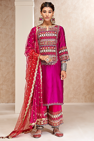 Purple Cotton Silk Embroidered Tunic Set by Aditi Somani