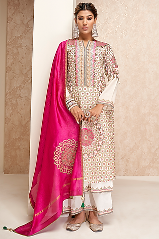Off-White Chanderi Embroidered Tunic Set by Aditi Somani