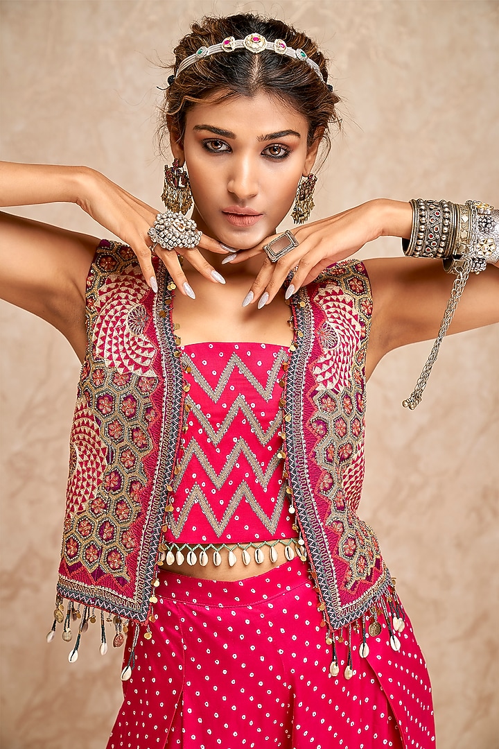 Pink Modal Satin Embroidered Jacket Set by Aditi Somani at Pernia's Pop Up Shop