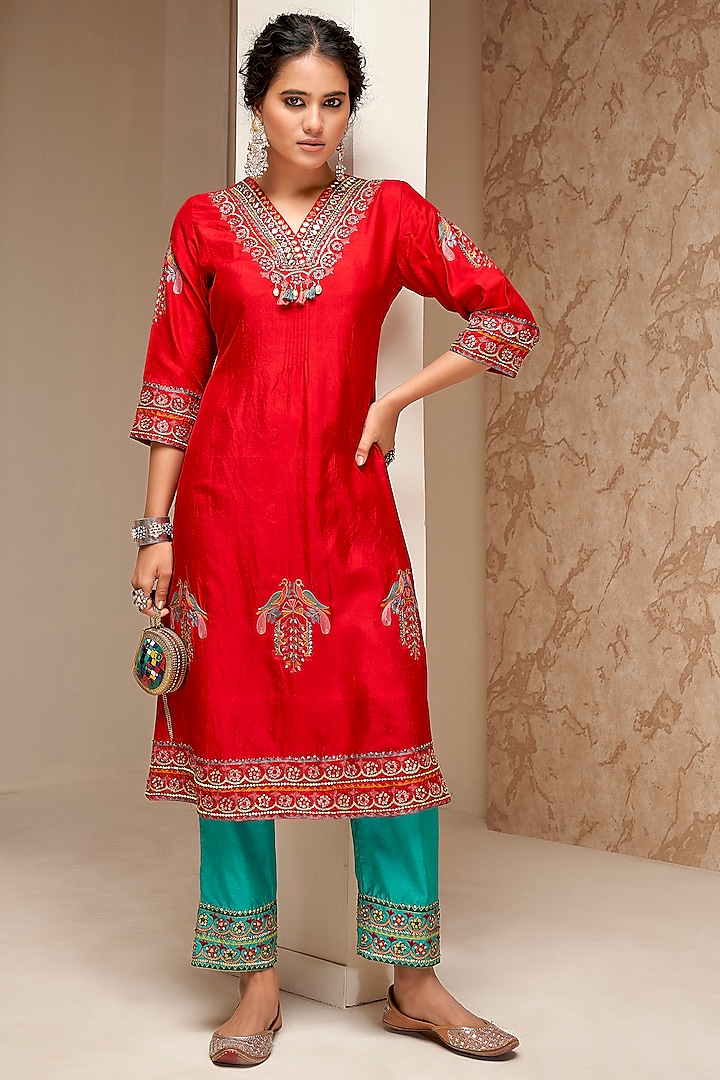 Red Cotton Silk Embroidered Kurta Set by Aditi Somani