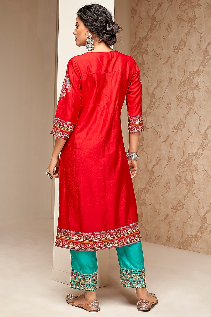 Red Cotton Silk Embroidered Kurta Set by Aditi Somani at Pernia's Pop Up Shop