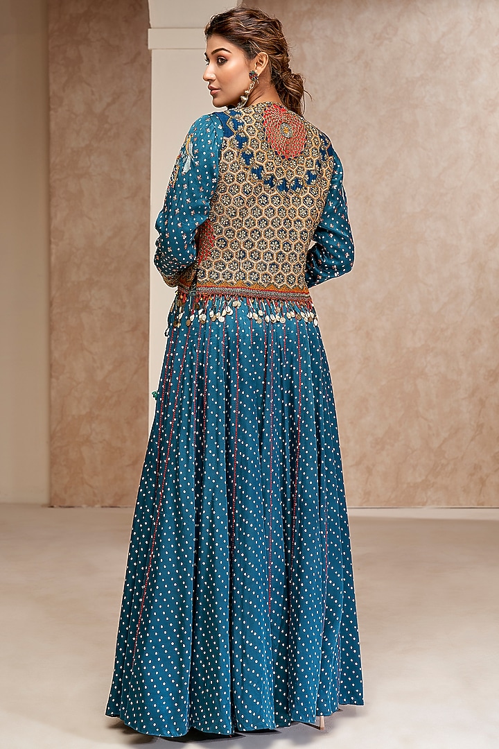 Teal Blue Modal Satin Embroidered & Printed Jacket Wedding Lehenga Set by Aditi Somani at Pernia's Pop Up Shop
