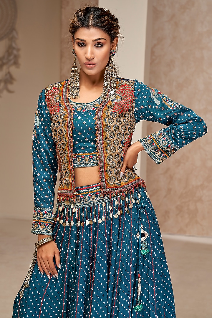 Teal Blue Modal Satin Embroidered & Printed Jacket Wedding Lehenga Set by Aditi Somani at Pernia's Pop Up Shop