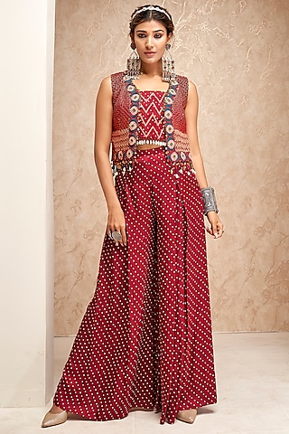Maroon Modal Satin Embroidered Jacket Set by Aditi Somani